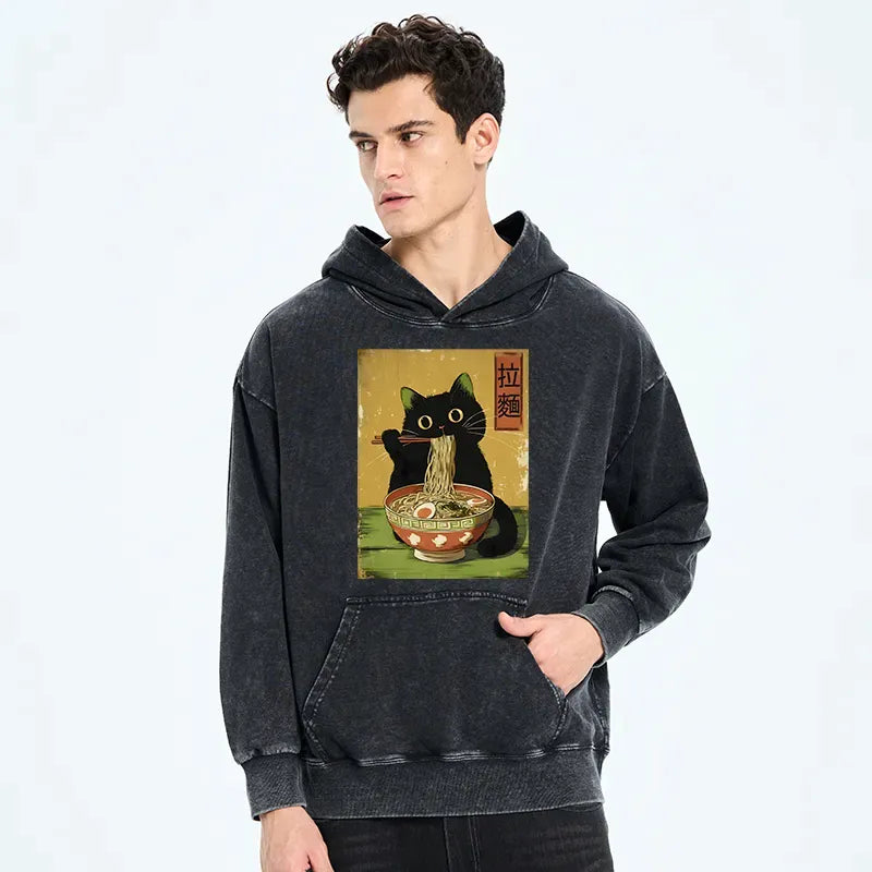 Kyoto-Lion Vintage Japanese Cat Eating Ramen Washed Hoodie