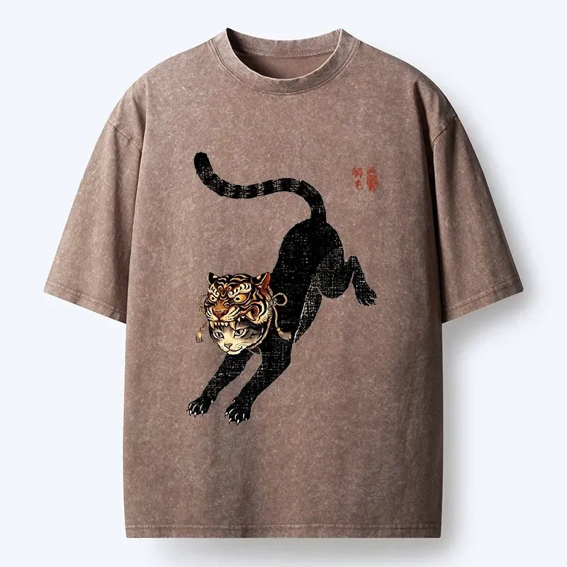 Kyoto-Lion Cat With Tiger Mask Cool Art Washed T-Shirt