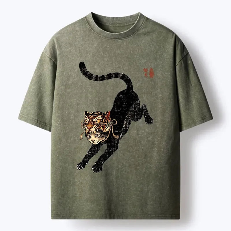 Kyoto-Lion Cat With Tiger Mask Cool Art Washed T-Shirt