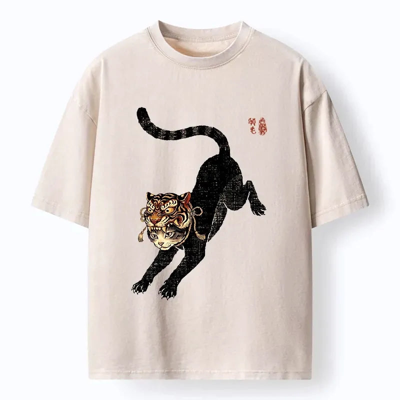 Japanese Cat With Tiger Mask T-Shirt for Summer
