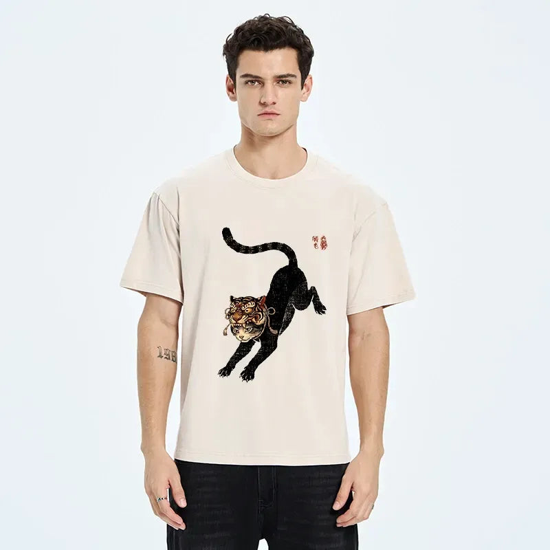 Retro Washed Cool Art Cat T-Shirt for Streetwear