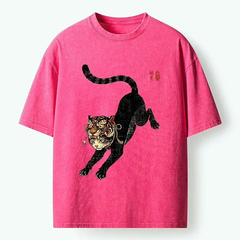 Retro Washed Cool Art Cat T-Shirt for Streetwear