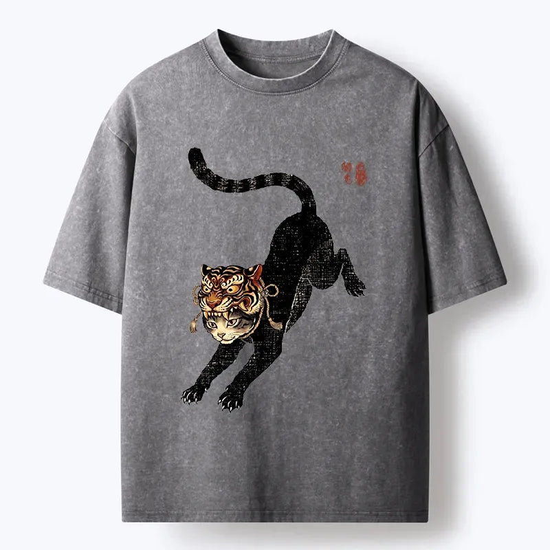 Kyoto-Lion Cat With Tiger Mask Cool Art Washed T-Shirt