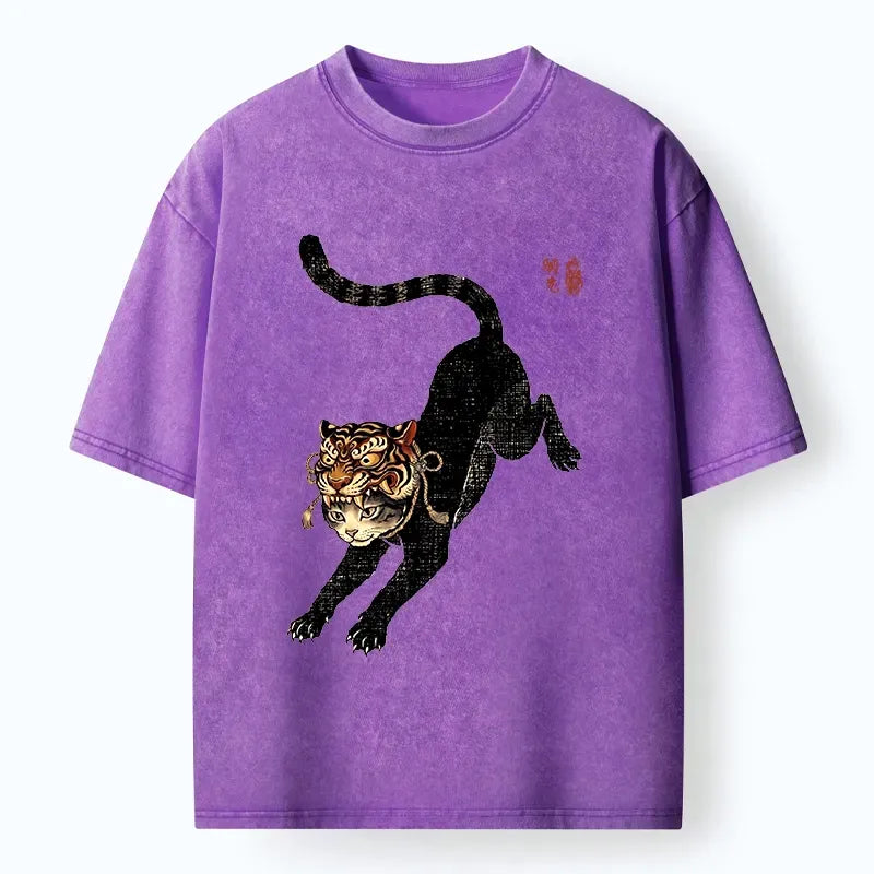 Retro Washed Cool Art Cat T-Shirt for Streetwear