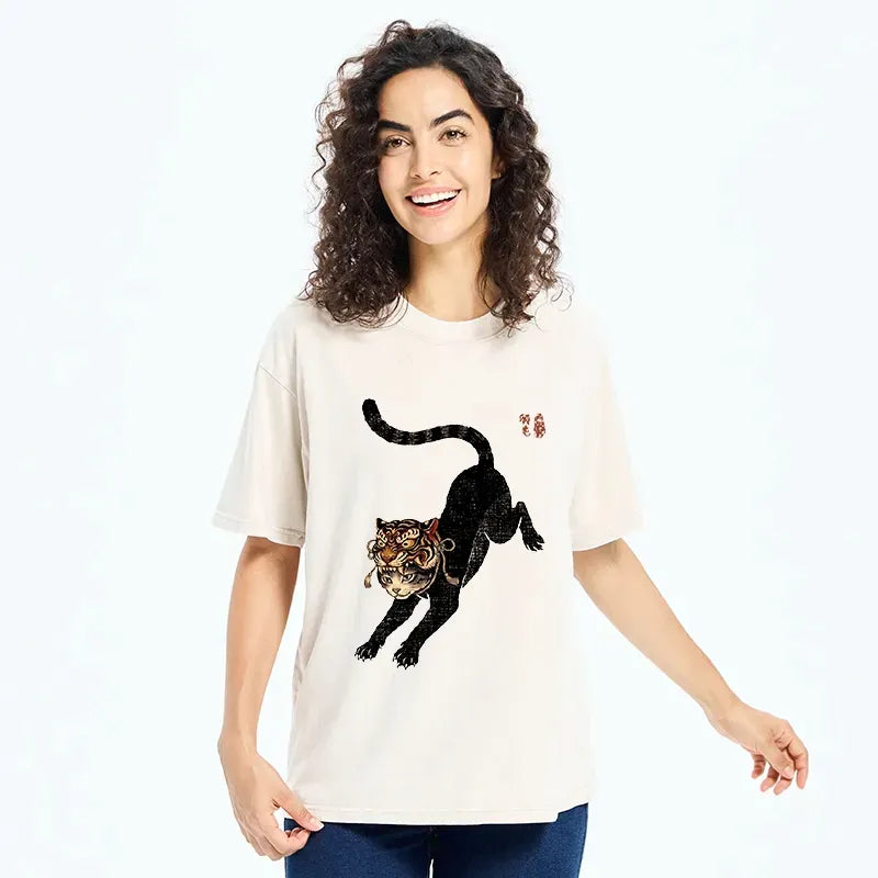 Retro Washed Cool Art Cat T-Shirt for Streetwear