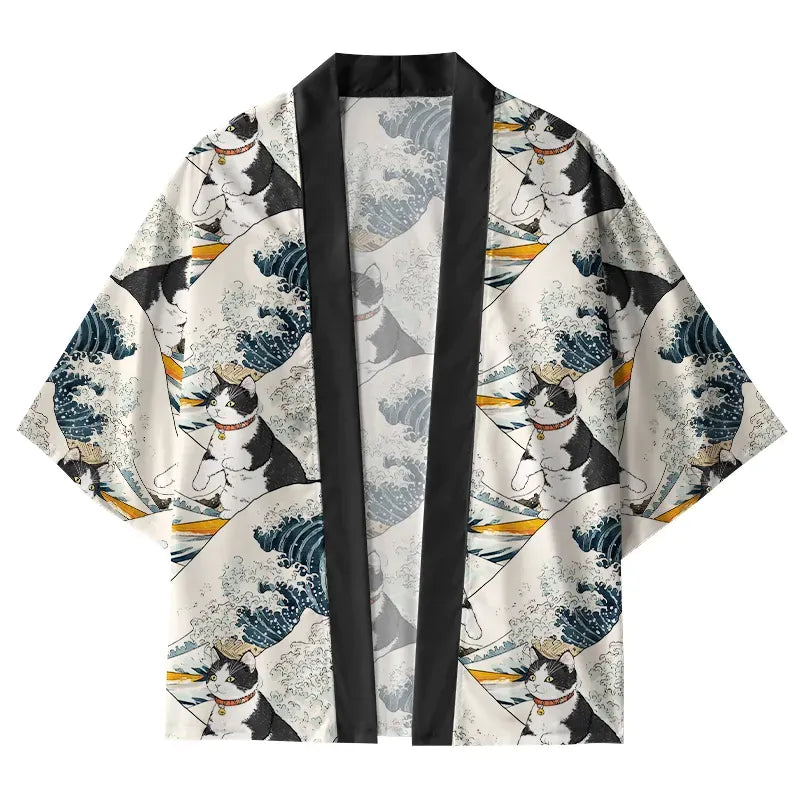 Japanese Funny Cat Surfing Kimono Cardigan