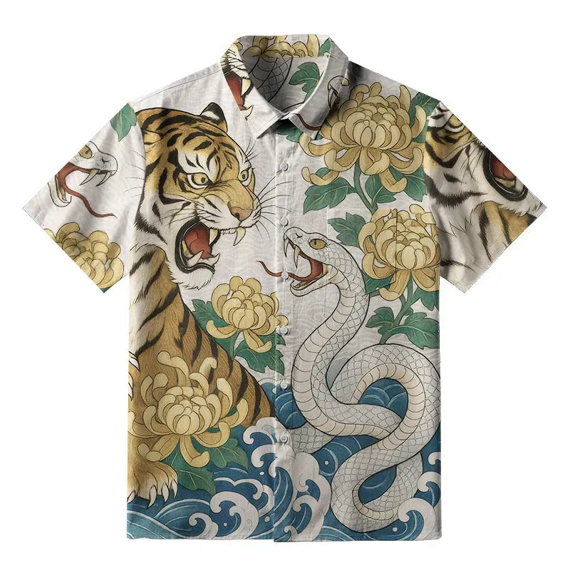 Kyoto-Lion Tiger And Snake Fight Button-up Shirt