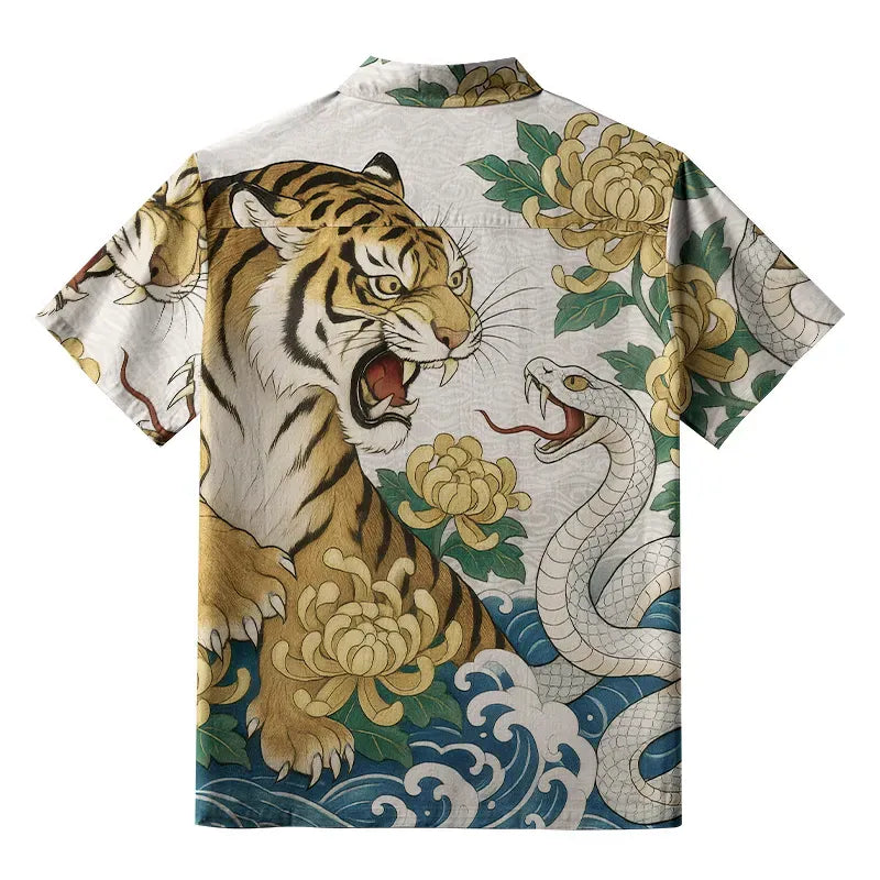 Kyoto-Lion Tiger And Snake Fight Button-up Shirt