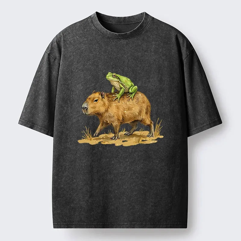 Kyoto-Lion Frog Riding A Capybara Washed T-Shirt