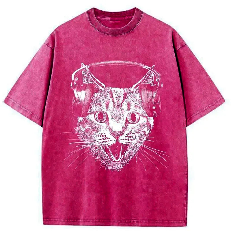 Kyoto-Lion Cat With Headphones Washed T-Shirt