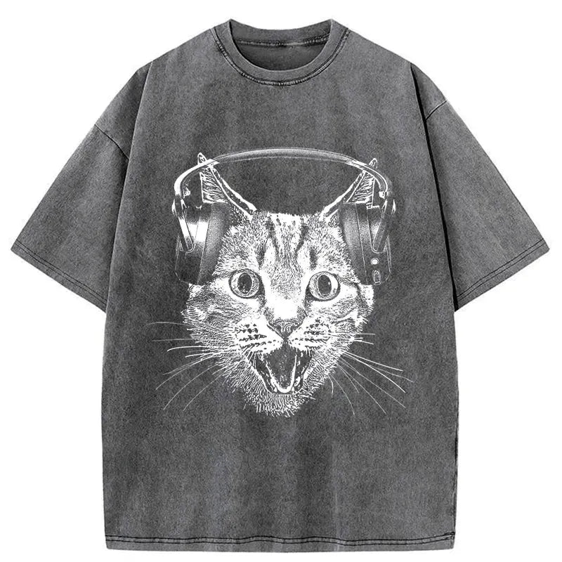 Kyoto-Lion Cat With Headphones Washed T-Shirt