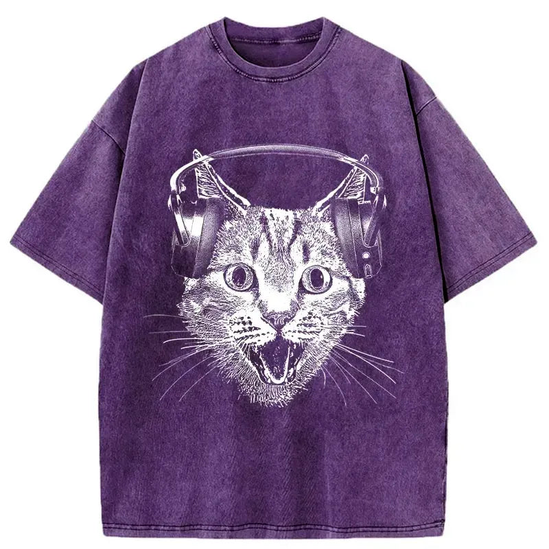 kyoto lion cat with headphones washed t-shirt