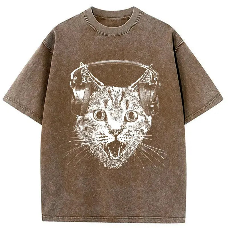 Kyoto-Lion Cat With Headphones Washed T-Shirt