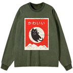 Kyoto-Lion Cute Black Cat Japanese Washed Long Sleeve T-Shirt