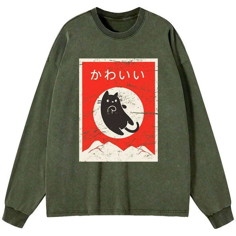 Kyoto-Lion Cute Black Cat Japanese Washed Long Sleeve T-Shirt