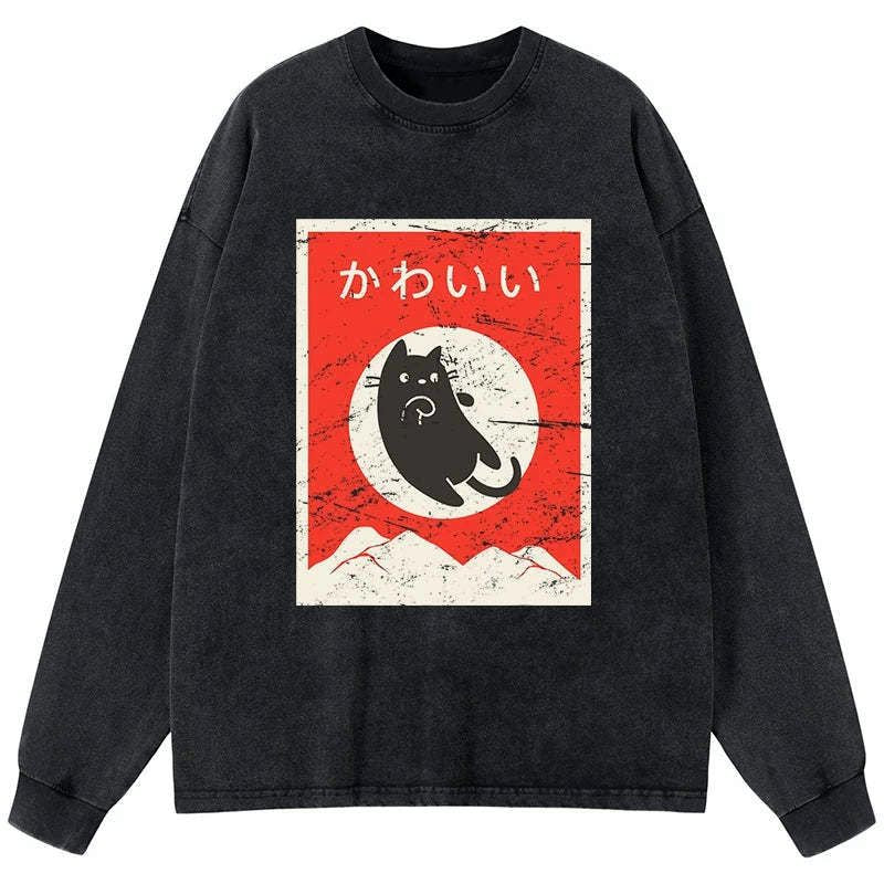 Kyoto-Lion Cute Black Cat Japanese Washed Long Sleeve T-Shirt