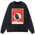 Kyoto-Lion Cute Black Cat Japanese Washed Long Sleeve T-Shirt