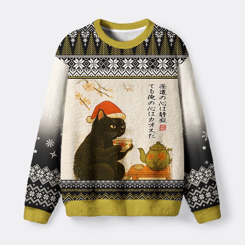 Kyoto-Lion Black Cat Drinking Tea Fuzzy Christmas Ugly Sweatshirt