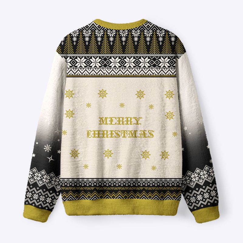 Kyoto-Lion Black Cat Drinking Tea Fuzzy Christmas Ugly Sweatshirt
