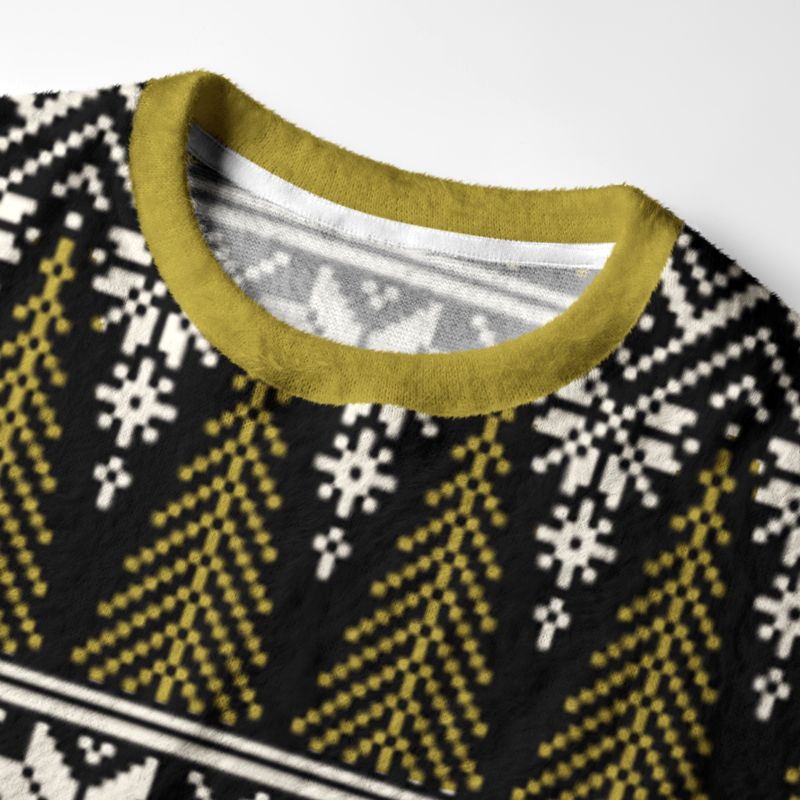 Kyoto-Lion Black Cat Drinking Tea Fuzzy Christmas Ugly Sweatshirt