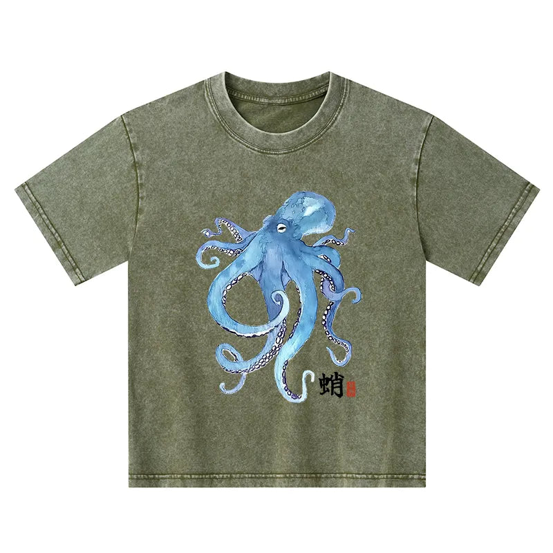 Kyoto-Lion Watercolor Blue Octopus Kids Washed T-Shirt