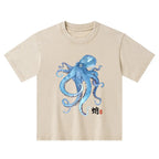 Kyoto-Lion Watercolor Blue Octopus Kids Washed T-Shirt