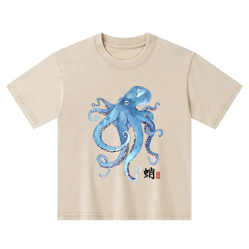 Kyoto-Lion Watercolor Blue Octopus Kids Washed T-Shirt