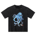 Kyoto-Lion Watercolor Blue Octopus Kids Washed T-Shirt