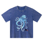 Kyoto-Lion Watercolor Blue Octopus Kids Washed T-Shirt