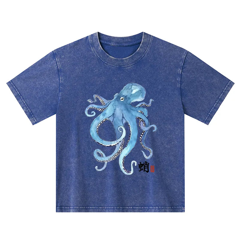 Kyoto-Lion Watercolor Blue Octopus Kids Washed T-Shirt