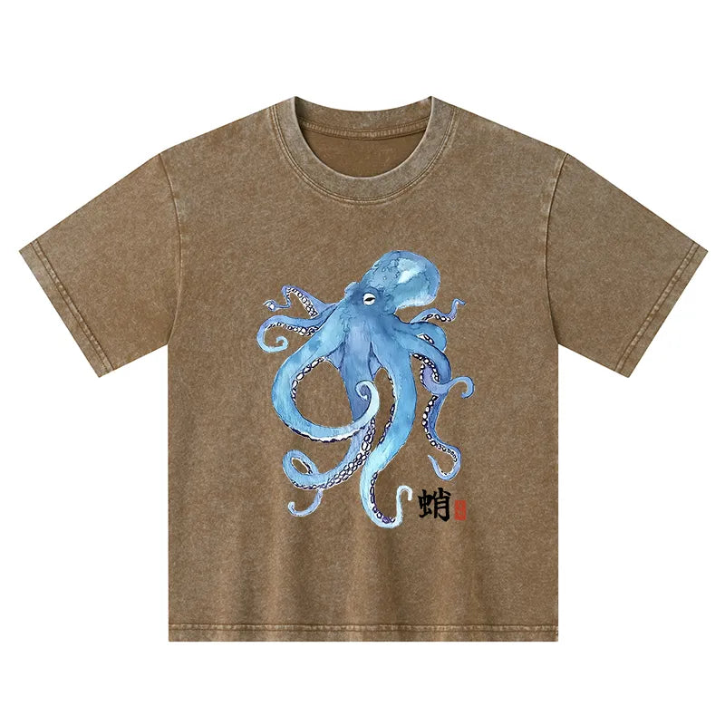 Kyoto-Lion Watercolor Blue Octopus Kids Washed T-Shirt
