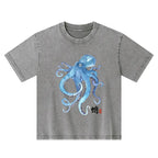 Kyoto-Lion Watercolor Blue Octopus Kids Washed T-Shirt