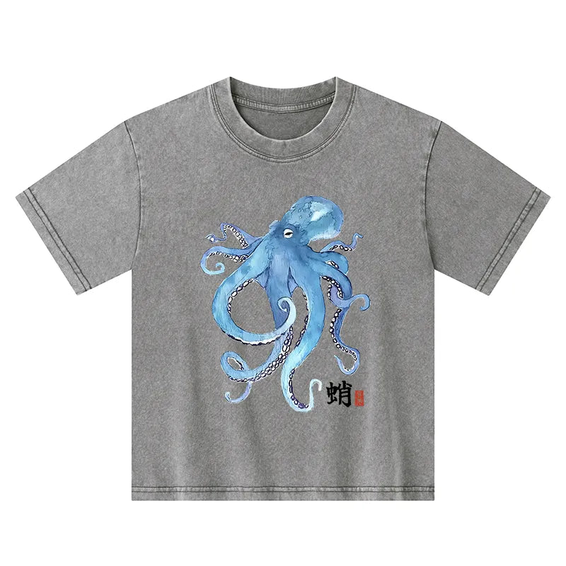 Kyoto-Lion Watercolor Blue Octopus Kids Washed T-Shirt
