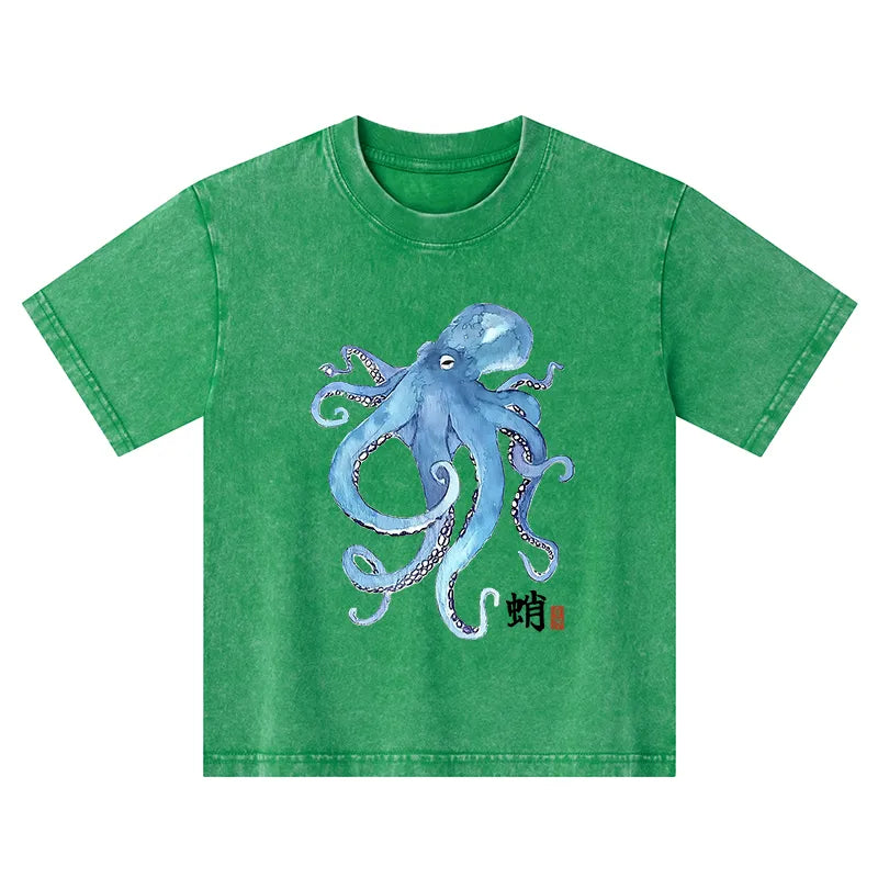 Kyoto-Lion Watercolor Blue Octopus Kids Washed T-Shirt
