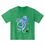 Kyoto-Lion Watercolor Blue Octopus Kids Washed T-Shirt