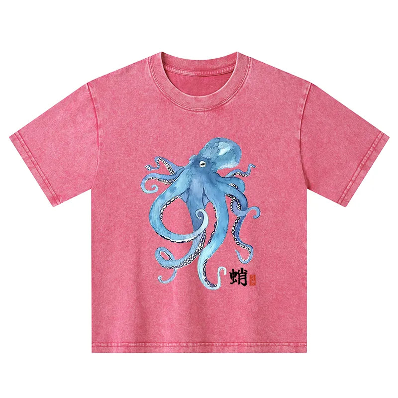 Kyoto-Lion Watercolor Blue Octopus Kids Washed T-Shirt