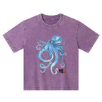 Kyoto-Lion Watercolor Blue Octopus Kids Washed T-Shirt