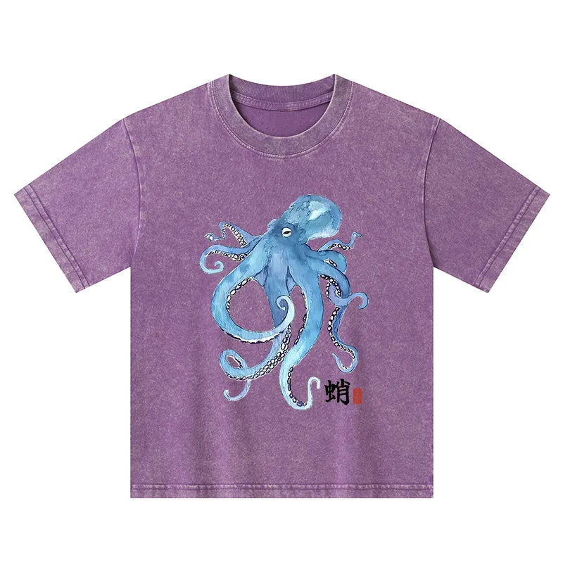 Kyoto-Lion Watercolor Blue Octopus Kids Washed T-Shirt