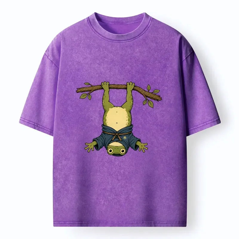 Kyoto-Lion Relaxed Tree Frog Loose Blue Robe Graphic Washed T-Shirt