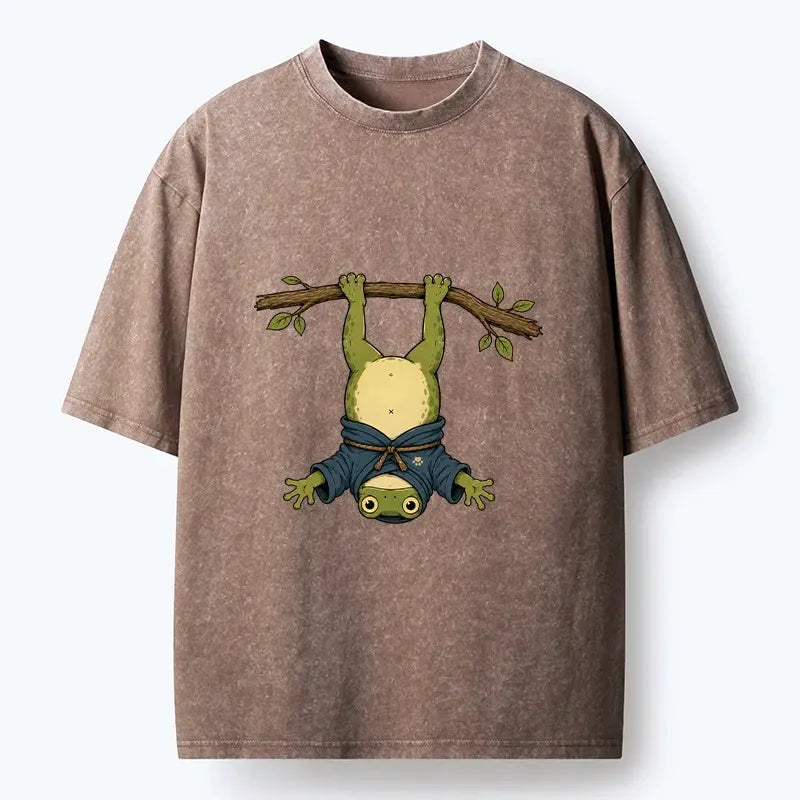 Kyoto-Lion Relaxed Tree Frog Loose Blue Robe Graphic Washed T-Shirt