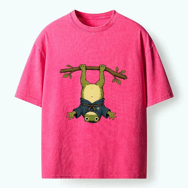 Kyoto-Lion Relaxed Tree Frog Loose Blue Robe Graphic Washed T-Shirt