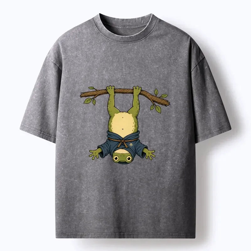 Kyoto-Lion Relaxed Tree Frog Loose Blue Robe Graphic Washed T-Shirt