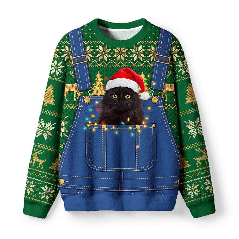 Kyoto-Lion Black Cat Santa Overlay Fuzzy Christmas Ugly Sweatshirt