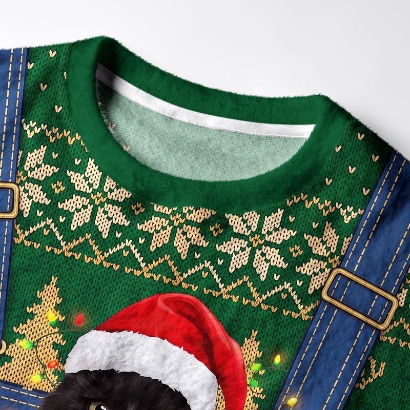 Kyoto-Lion Black Cat Santa Overlay Fuzzy Christmas Ugly Sweatshirt