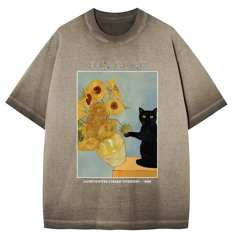 Japanese black cat sunflower t-shirt