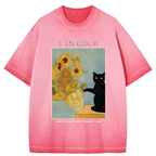 Kyoto-Lion Black Cat With Sunflowers Gradient Washed T-Shirt