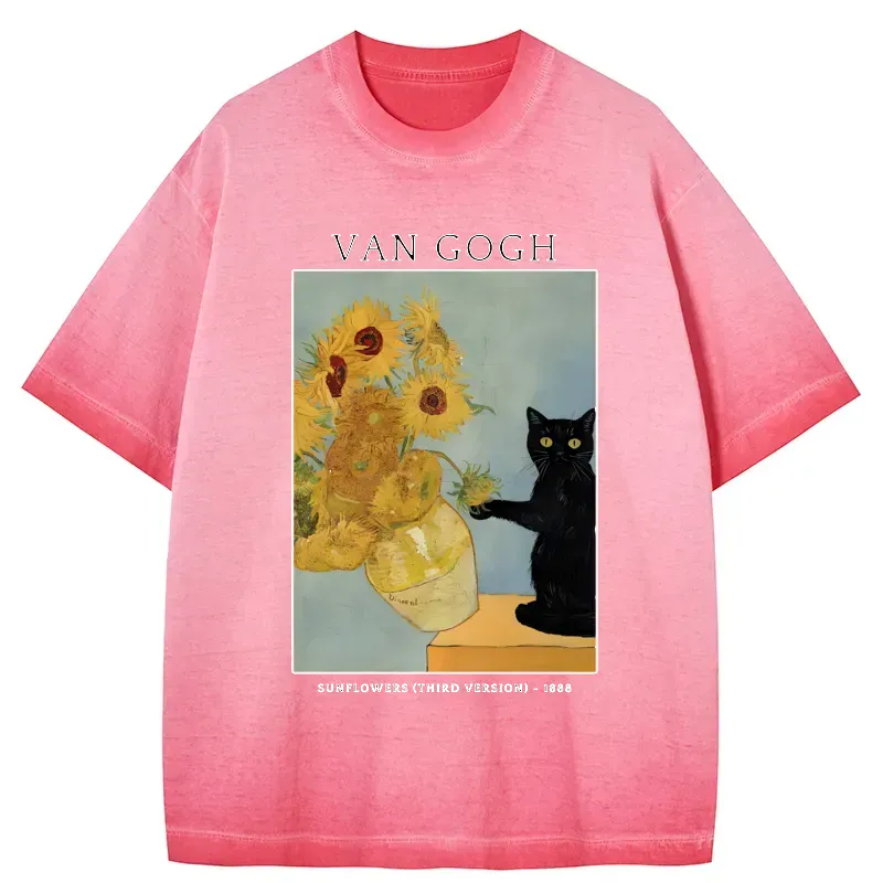 Kyoto-Lion Black Cat With Sunflowers Gradient Washed T-Shirt