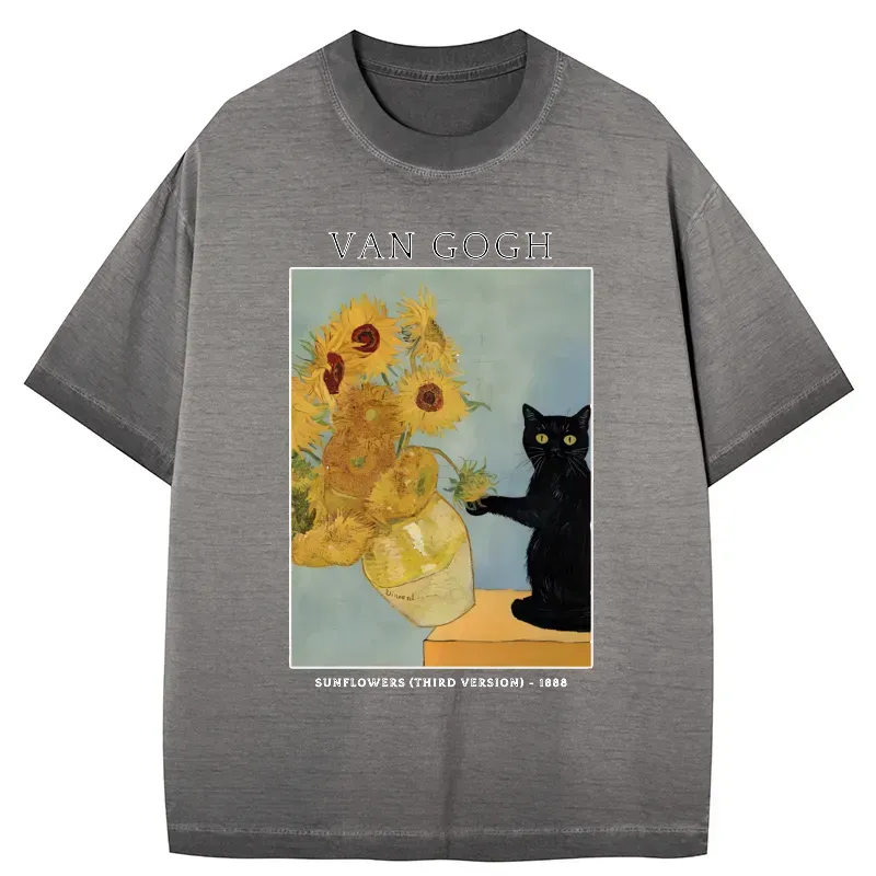 Kyoto-Lion Black Cat With Sunflowers Gradient Washed T-Shirt