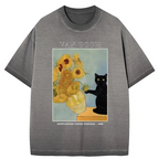 Kyoto-Lion Black Cat With Sunflowers Gradient Washed T-Shirt