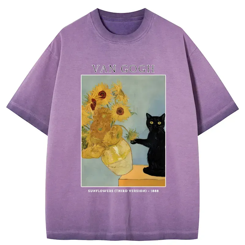 Japanese black cat sunflower t-shirt
